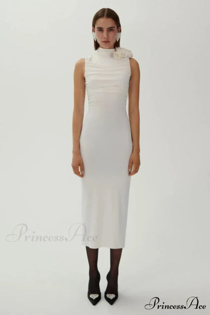 Flower Detail Stylish Ruched Midi Dress