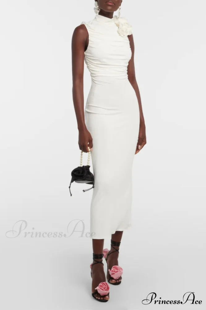 Flower Detail Stylish Ruched Midi Dress
