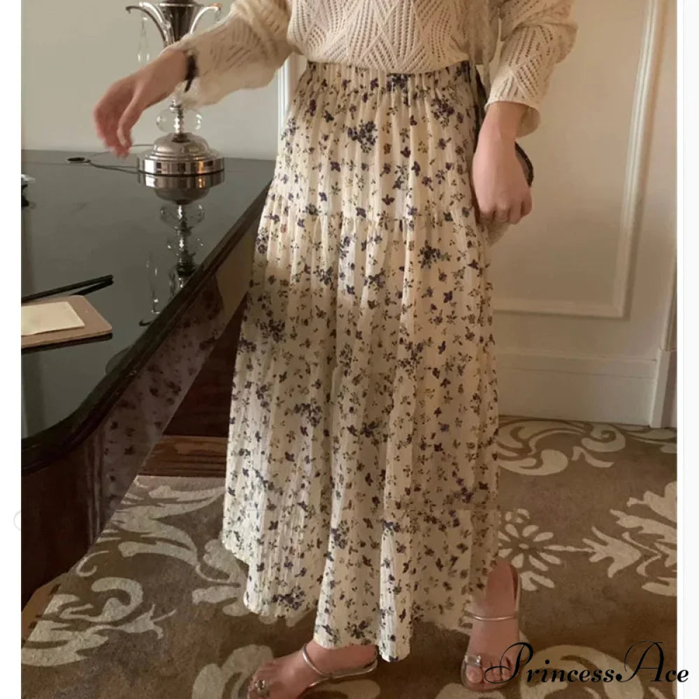 Flower Ditsy Pattern Stretchy Waist Tiered Long Flared Skirt Beige / One Size skirt-250126