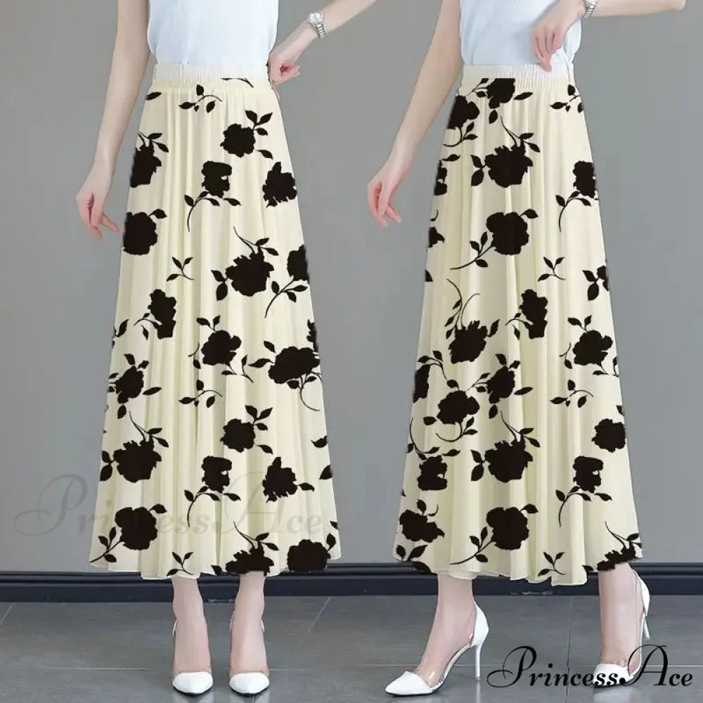 Flower Elevated Waist Patchwork Chiffon Seaside Skirt apricot Length 80CM / M skirt-250126