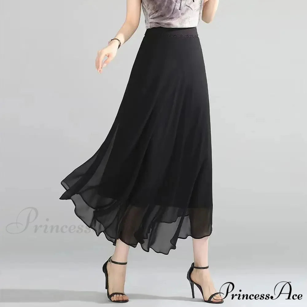 Flower Elevated Waist Patchwork Chiffon Seaside Skirt Black Length 80CM / M skirt-250126