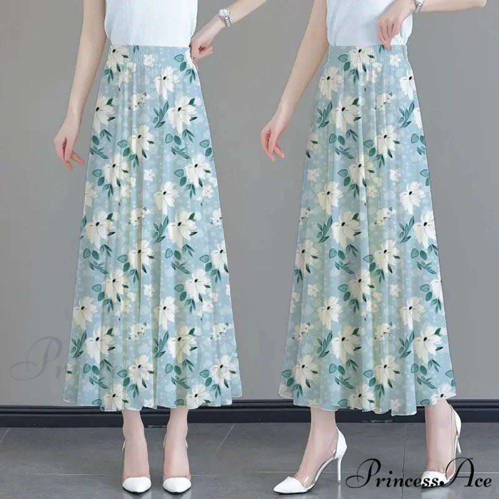 Flower Elevated Waist Patchwork Chiffon Seaside Skirt Blue Length 80CM / M skirt-250126
