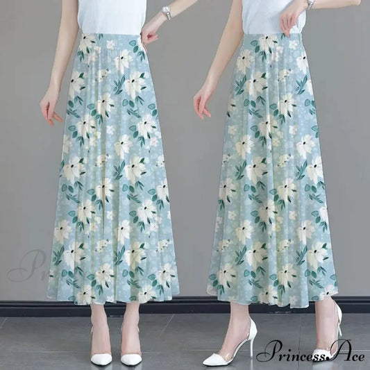 Flower Elevated Waist Patchwork Chiffon Seaside Skirt Blue Length 80CM / M skirt-250126