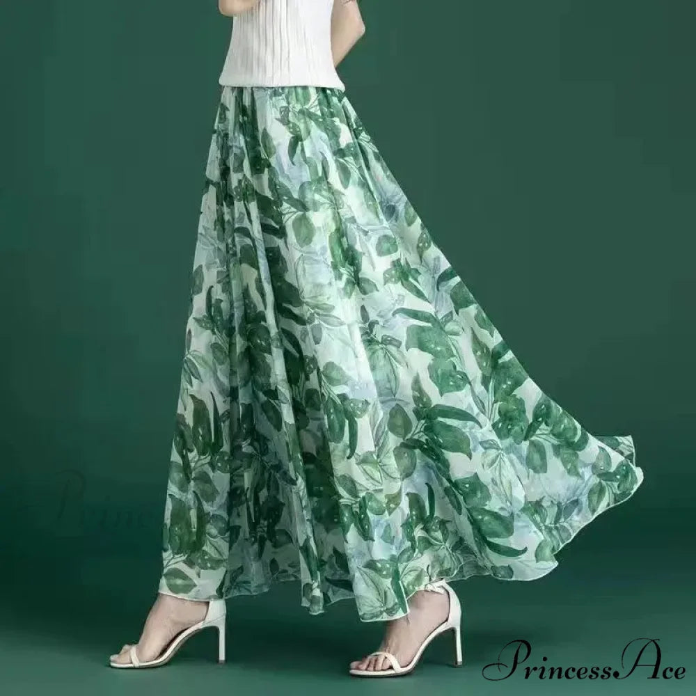 Flower Elevated Waist Patchwork Chiffon Seaside Skirt Green Length 80CM / M skirt-250126