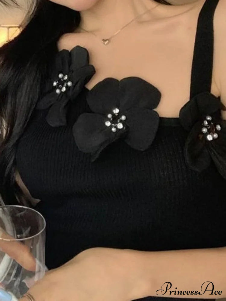 Flower Embellish Cutout Trendy Crop Cami Top Black / ONE SIZE