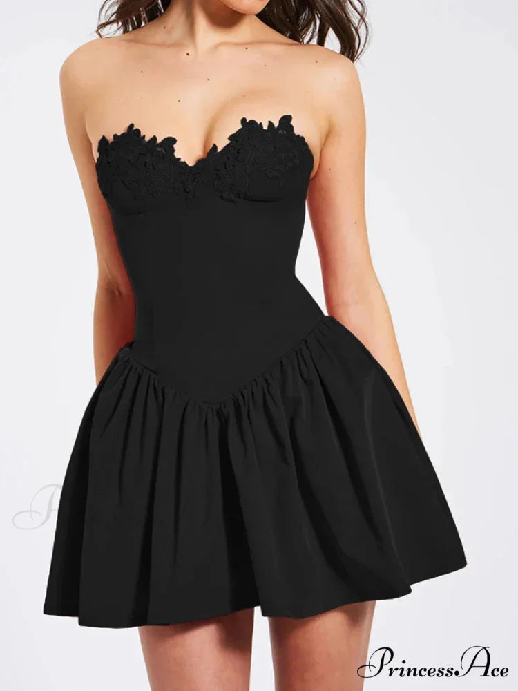 Flower Embroidery Stylish Strapless Mini Dress Black / M