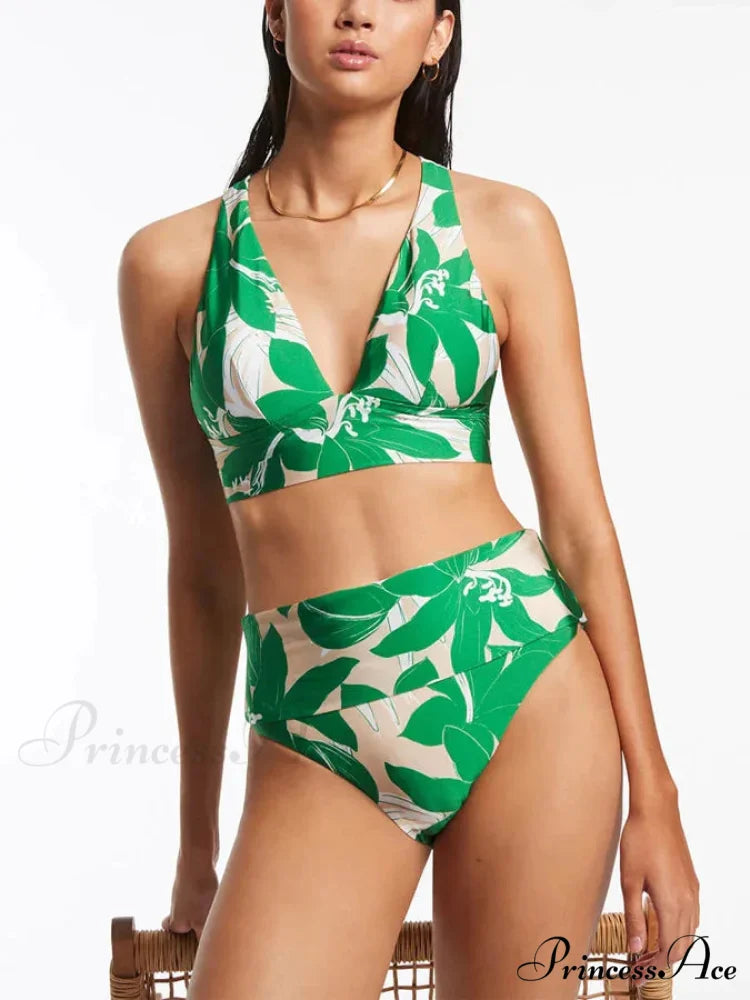 Flower Enhancing Plunge Neck Swimsuit Beach Attire Single Piece green1 / S onepiece-250223