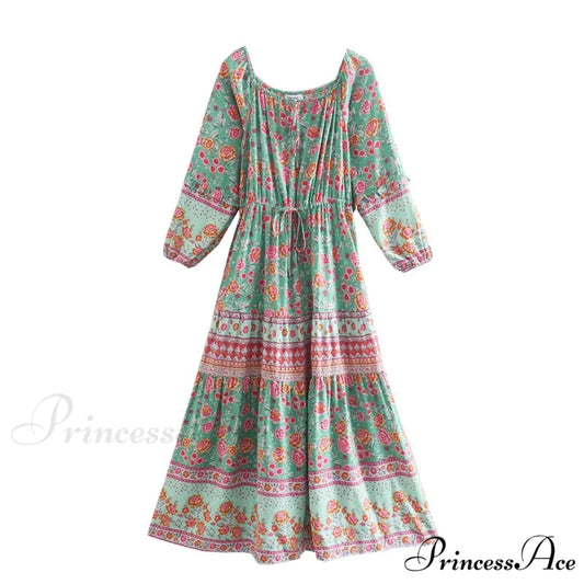 Flower Extended Sleeve Belt Fringe Off Shoulder Bohemian Dress Green / S bohodress-250126