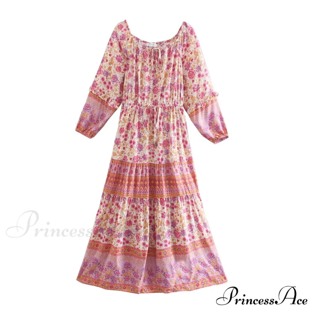Flower Extended Sleeve Belt Fringe Off Shoulder Bohemian Dress Pink / S bohodress-250126