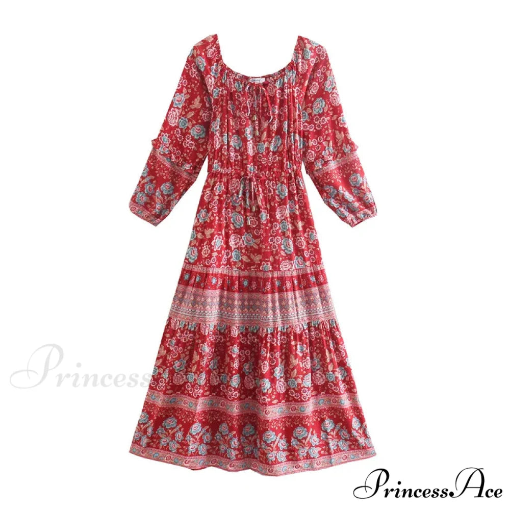 Flower Extended Sleeve Belt Fringe Off Shoulder Bohemian Dress Red / S bohodress-250126