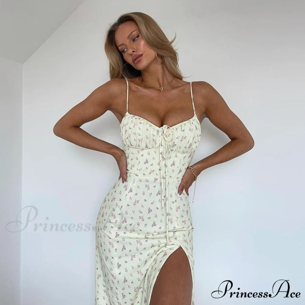 Flower Fields Slip Charming Floral Split Midi Dress Blue / M