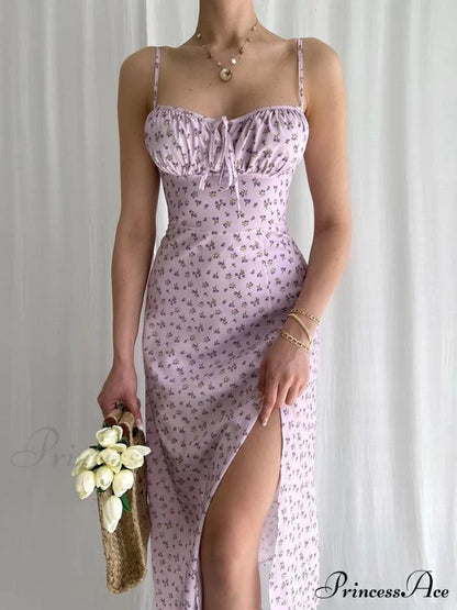 Flower Fields Slip Charming Floral Split Midi Dress Yellow / L