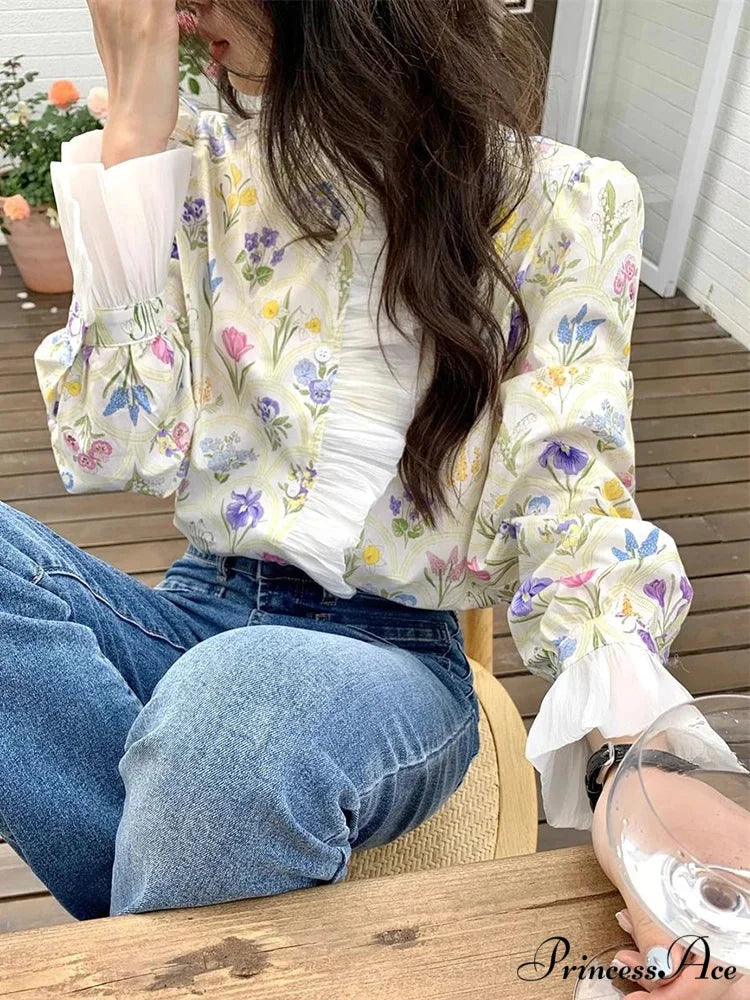 Flower Frilled Flare Sleeve Top blouse-250223