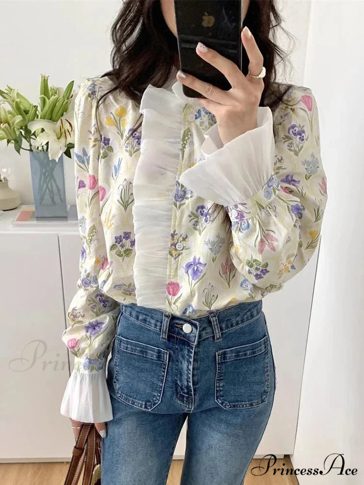 Flower Frilled Flare Sleeve Top blouse-250223