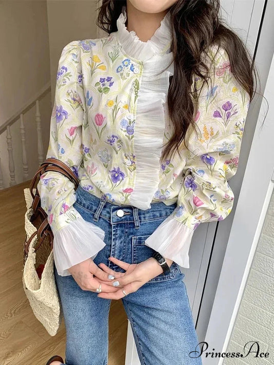 Flower Frilled Flare Sleeve Top white / S blouse-250223