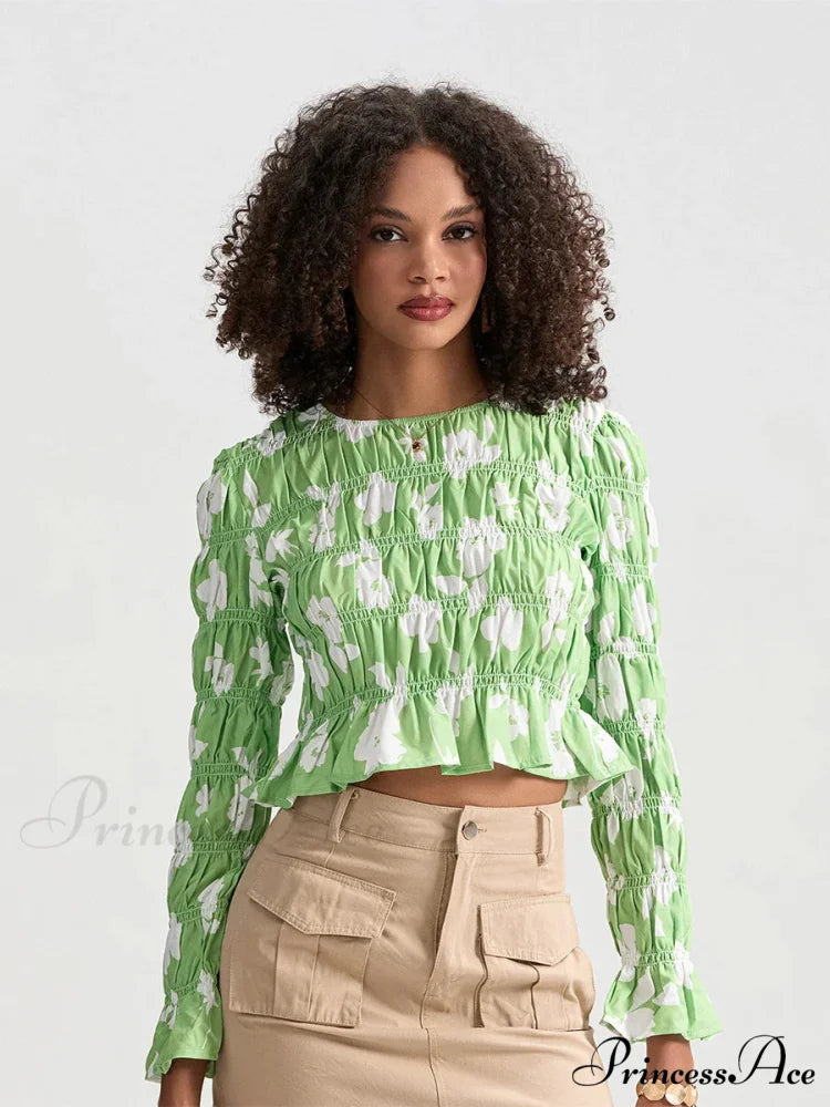 Flower Gathered Boat Neck Long Sleeve Crop T-shirt croptop-250126