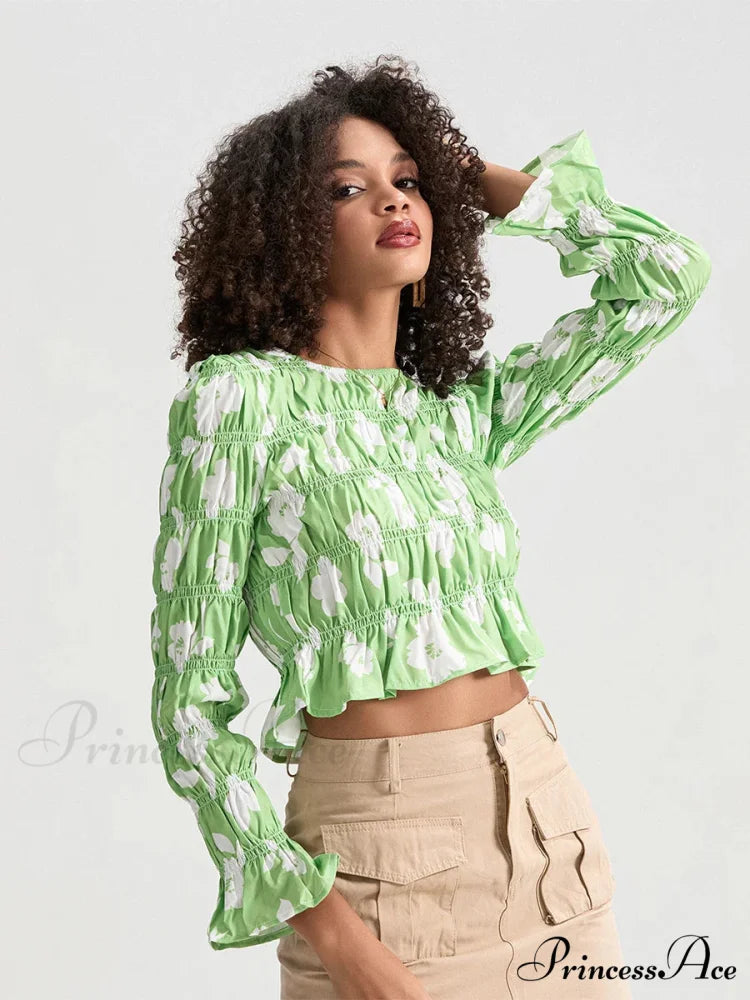 Flower Gathered Boat Neck Long Sleeve Crop T-shirt croptop-250126