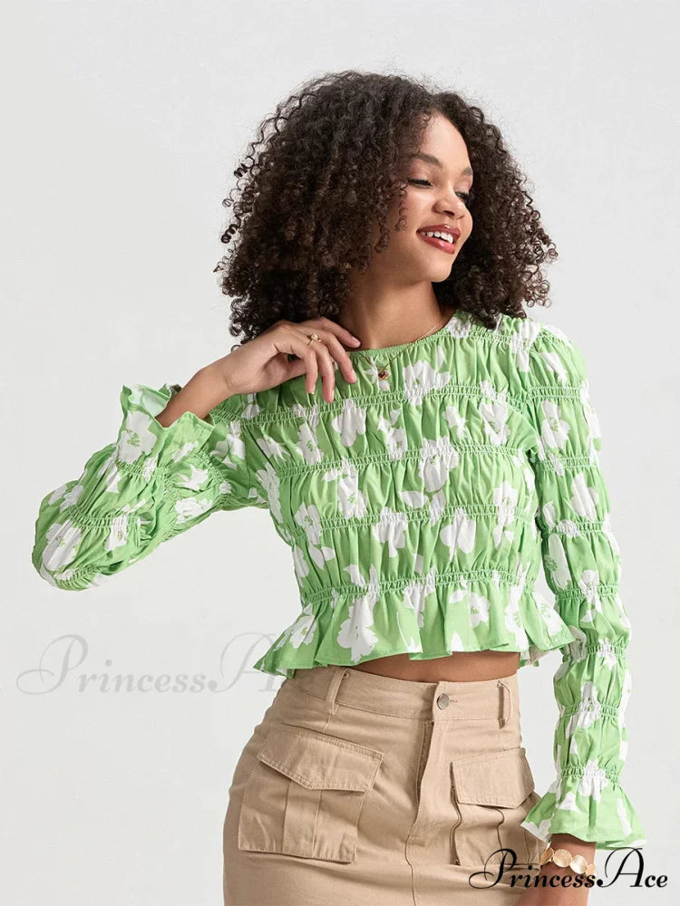 Flower Gathered Boat Neck Long Sleeve Crop T-shirt croptop-250126