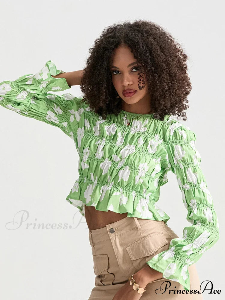 Flower Gathered Boat Neck Long Sleeve Crop T-shirt croptop-250126