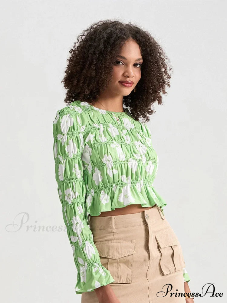 Flower Gathered Boat Neck Long Sleeve Crop T-shirt croptop-250126