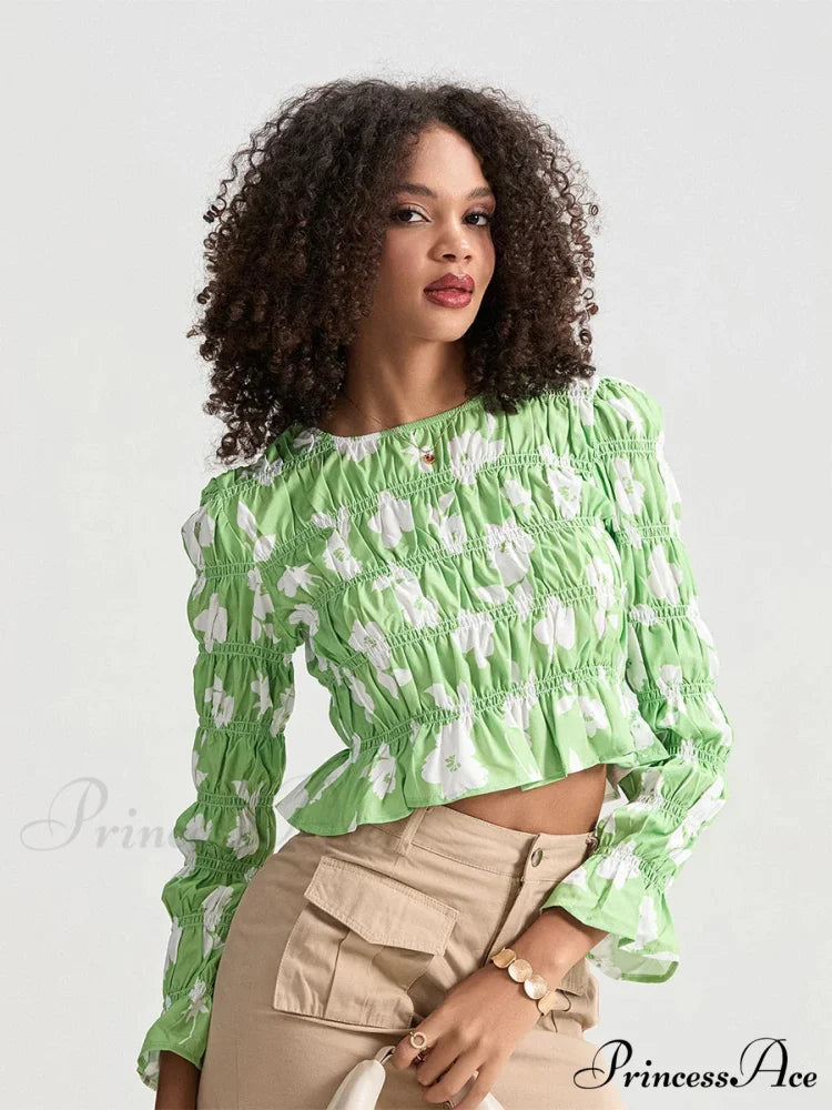 Flower Gathered Boat Neck Long Sleeve Crop T-shirt Green / S croptop-250126