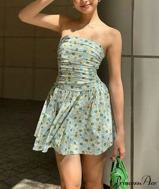 Flower Gathered Tube Mini Dress minidress-250223