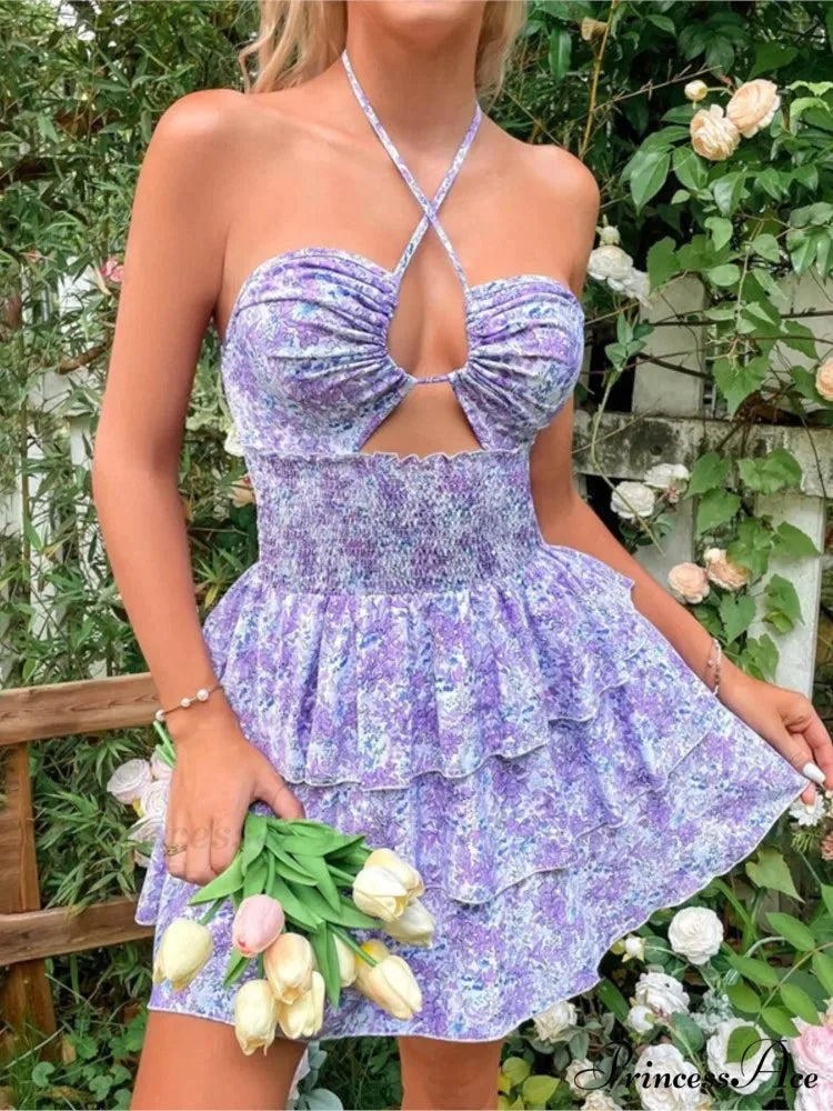 Flower Halter Neck Lace-Up Mini Flower Dress floraldress-250126