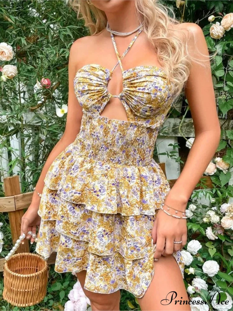 Flower Halter Neck Lace-Up Mini Flower Dress floraldress-250126