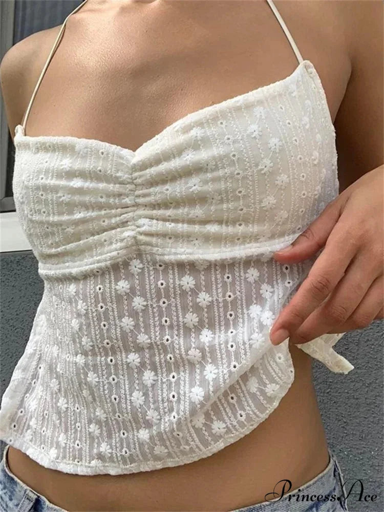 Flower Halter Open-back Y2K Fairycore Crop Tank Top WHITE / S croptop-250126