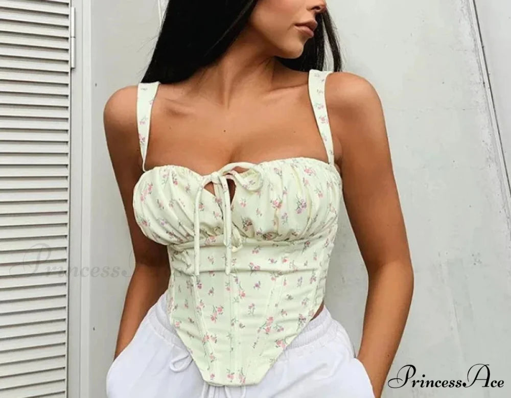 Flower Lace Gathered Tie Fitted Open Back Bustier Yellow / One Size croptop-250126