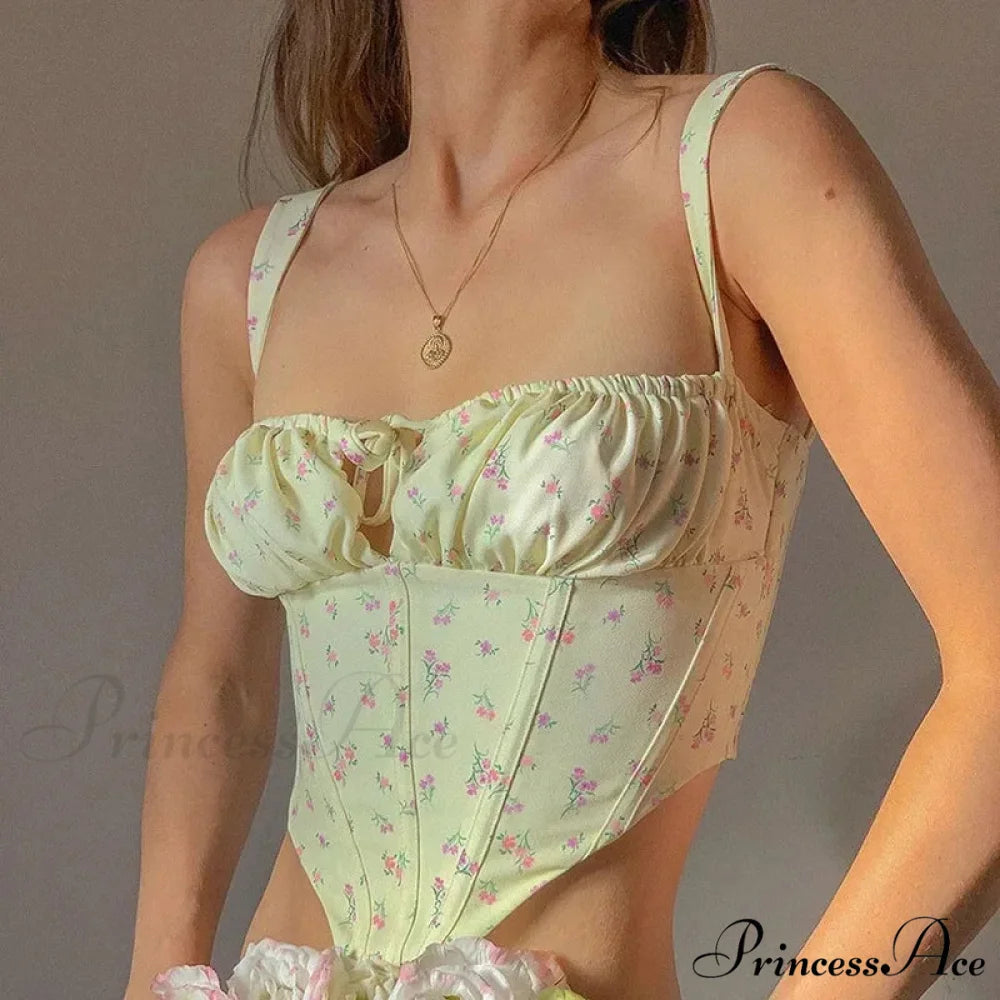 Flower Lace Gathered Tie Fitted Open Back Bustier Yellow / One Size croptop-250126
