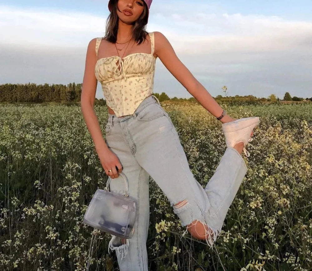 Flower Lace Gathered Tie Fitted Open Back Bustier Yellow / One Size croptop-250126