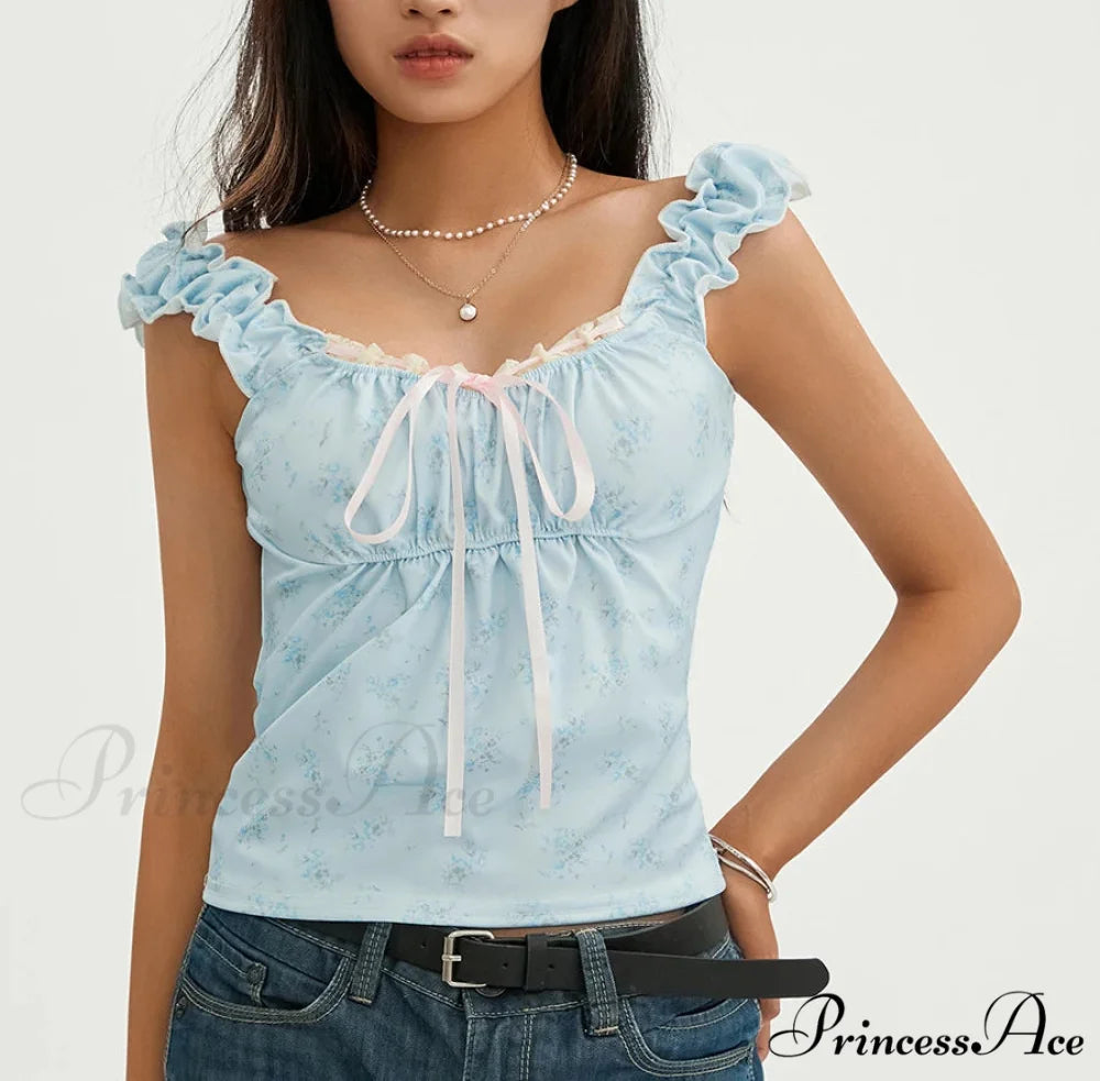 Flower Lace Patchwork Sleeveless Fitted Club Crop Vest Blue / S croptop-250126