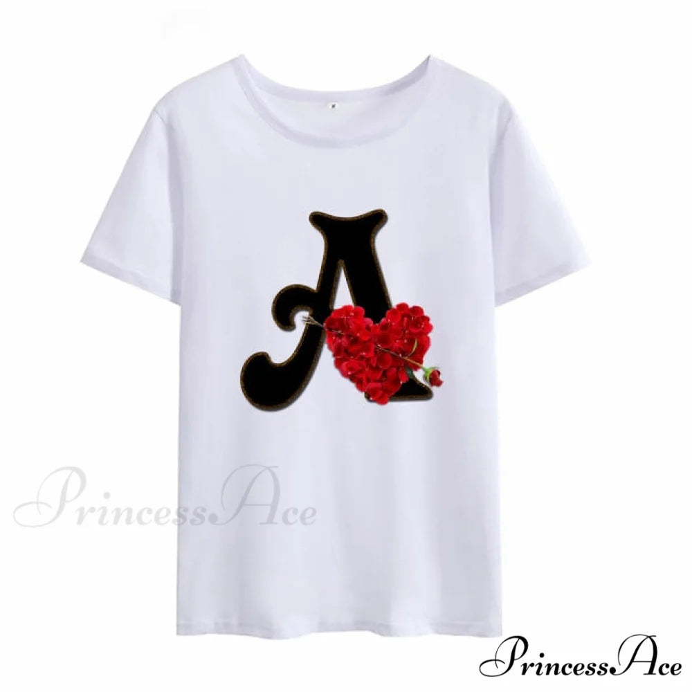 Flower Letter Font Short Sleeve Ladies T-Shirt A / S