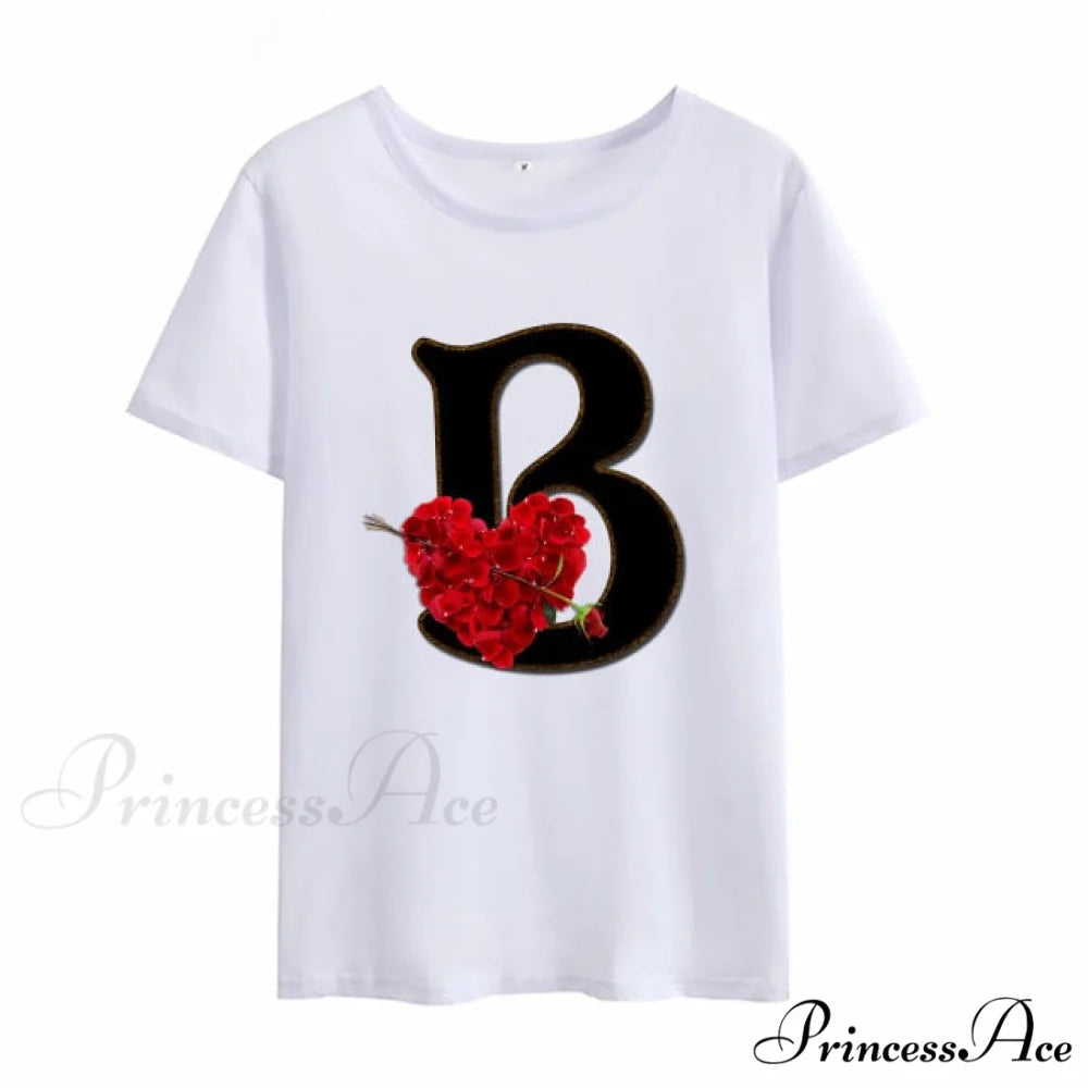 Flower Letter Font Short Sleeve Ladies T-Shirt B / S