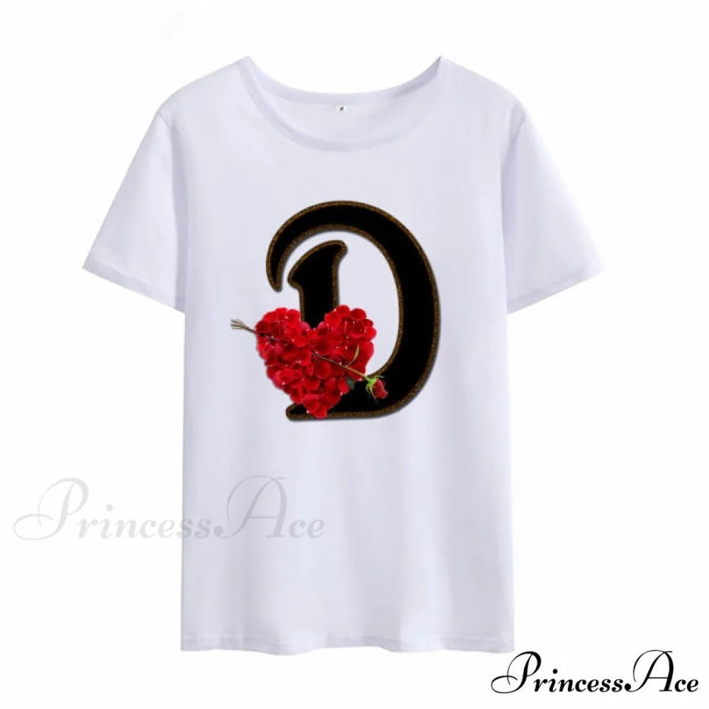 Flower Letter Font Short Sleeve Ladies T-Shirt D / S