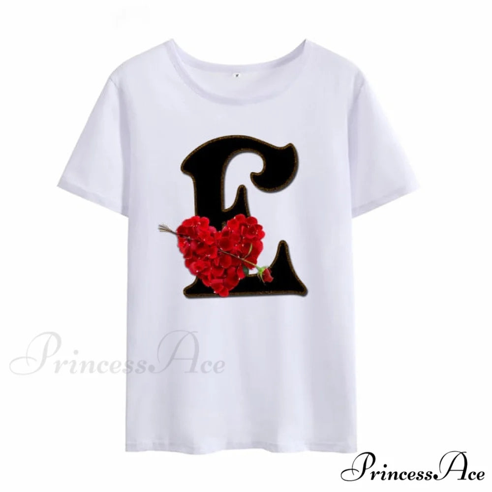 Flower Letter Font Short Sleeve Ladies T-Shirt E / S