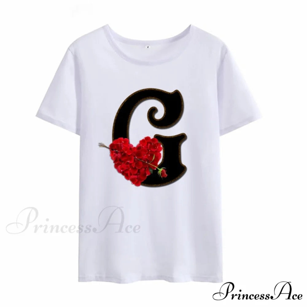 Flower Letter Font Short Sleeve Ladies T-Shirt G / S