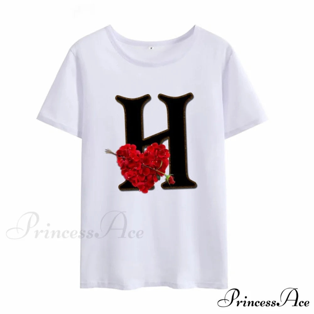Flower Letter Font Short Sleeve Ladies T-Shirt H / S
