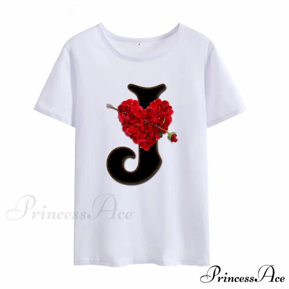 Flower Letter Font Short Sleeve Ladies T-Shirt J / XXXL