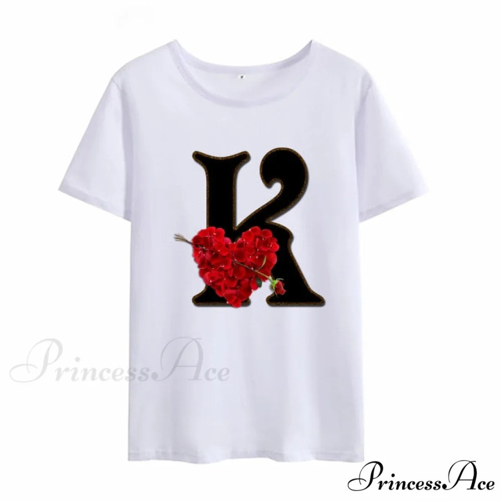 Flower Letter Font Short Sleeve Ladies T-Shirt K / XXXL