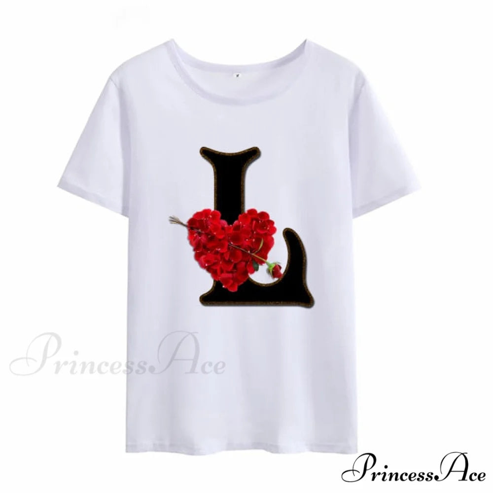Flower Letter Font Short Sleeve Ladies T-Shirt L / XXXL