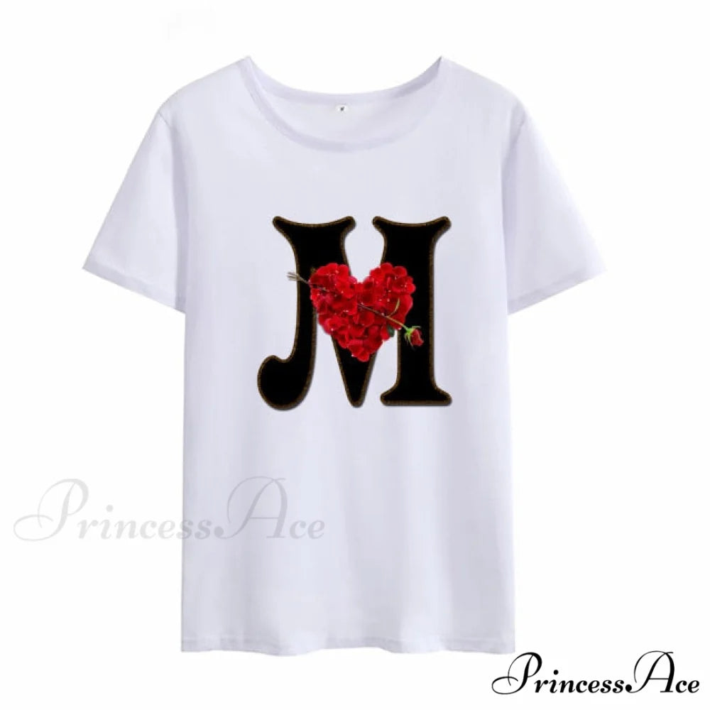 Flower Letter Font Short Sleeve Ladies T-Shirt M / XXXL