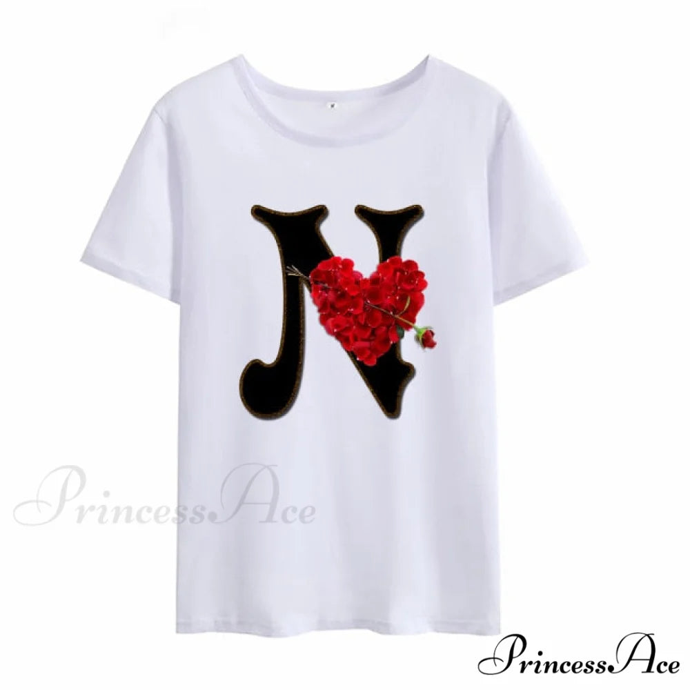 Flower Letter Font Short Sleeve Ladies T-Shirt N / XXL