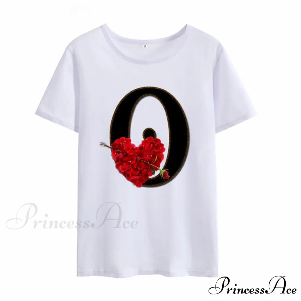 Flower Letter Font Short Sleeve Ladies T-Shirt O / S