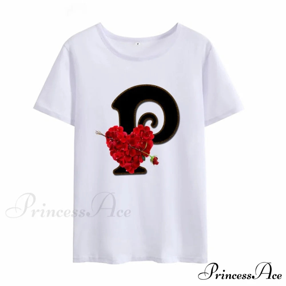 Flower Letter Font Short Sleeve Ladies T-Shirt P / S