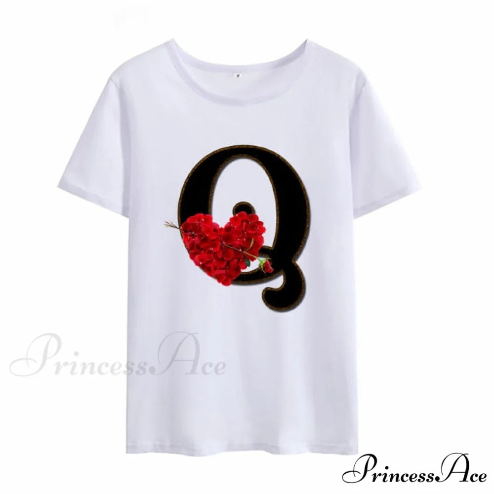 Flower Letter Font Short Sleeve Ladies T-Shirt Q / S
