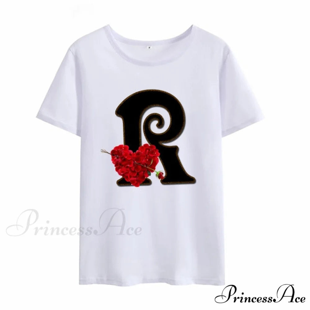 Flower Letter Font Short Sleeve Ladies T-Shirt R / S