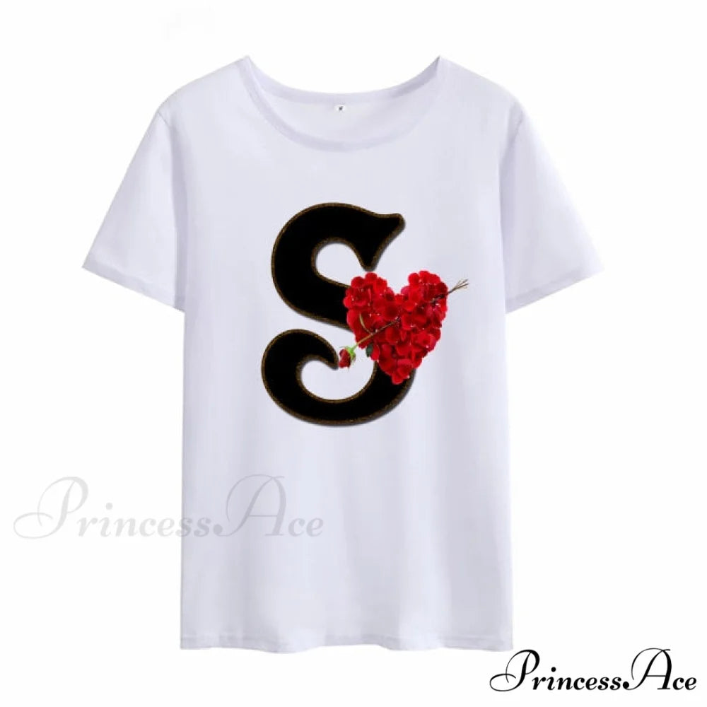 Flower Letter Font Short Sleeve Ladies T-Shirt S / S