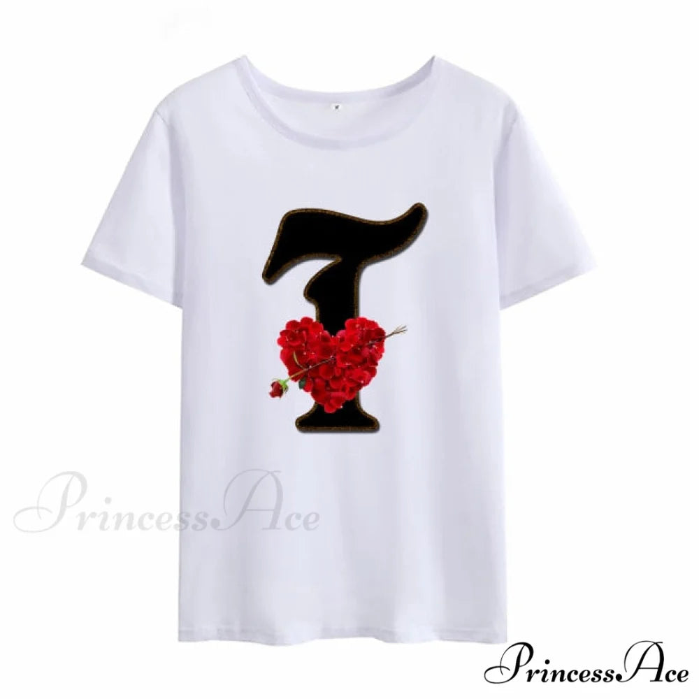 Flower Letter Font Short Sleeve Ladies T-Shirt T / S